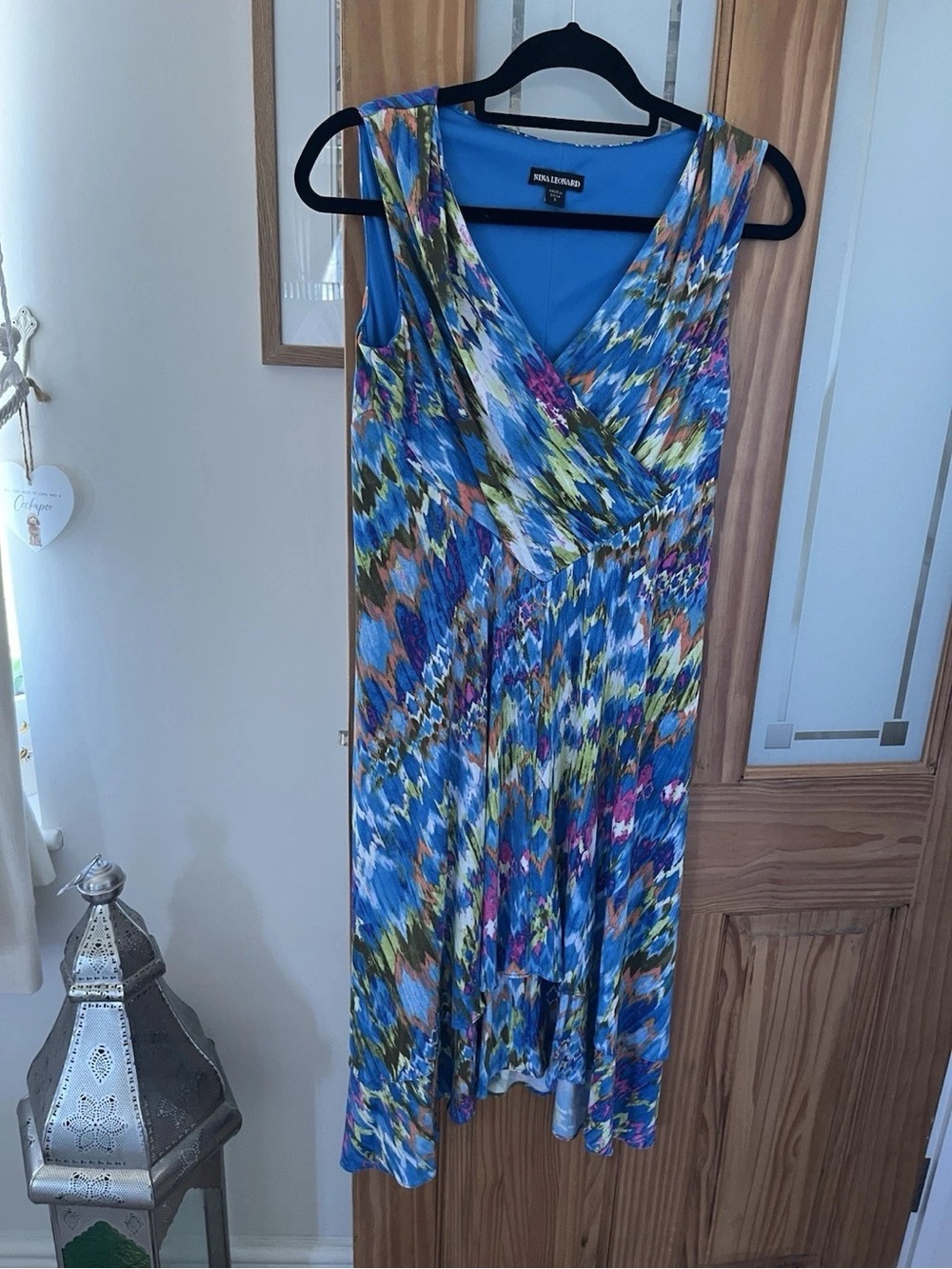 Nina Leonard Blue Multi-Color V-Neck Sleeveless Mini Dress